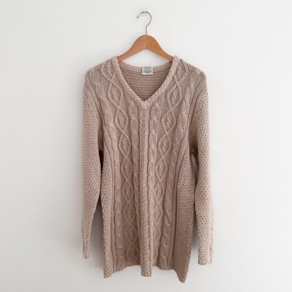 Vintage Partners Cotton Ramie Blend Cable Knit V-Neck Sweater Classic Size M